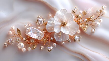 Elegant floral arrangement with shimmering crystals and pearls on a silky background, showcasing luxury and sophistication.
