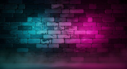Dark brick wall illuminated by contrasting neon lights in vibrant cyan and magenta, casting a captivating glow through atmospheric smoke, creating a dynamic and edgy urban backdrop