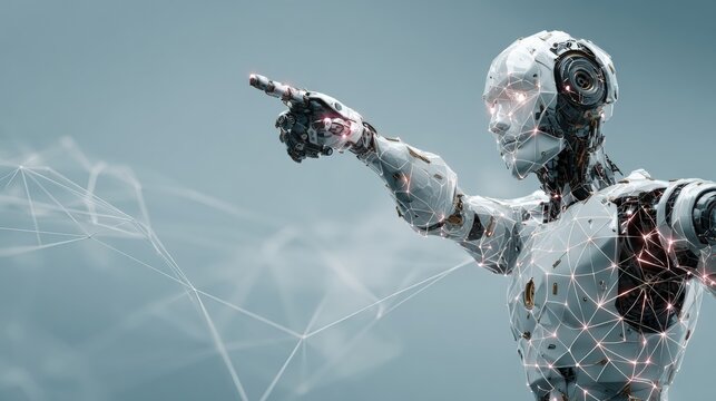 Futuristic robot with a humanoid design pointing forward, surrounded by digital network connections, symbolizing advanced technology and AI.