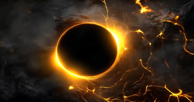 Dramatic depiction of a solar eclipse with fiery corona and darkened sky background