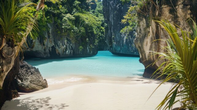 Tropical Beach with Clear Blue Water Surrounded by Rocky Cliffs and Green Foliage