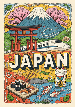 Explore vibrant Japan with iconic landmarks, delicious sushi, and serene koi ponds, perfect for travel enthusiasts and cultural promotion projects