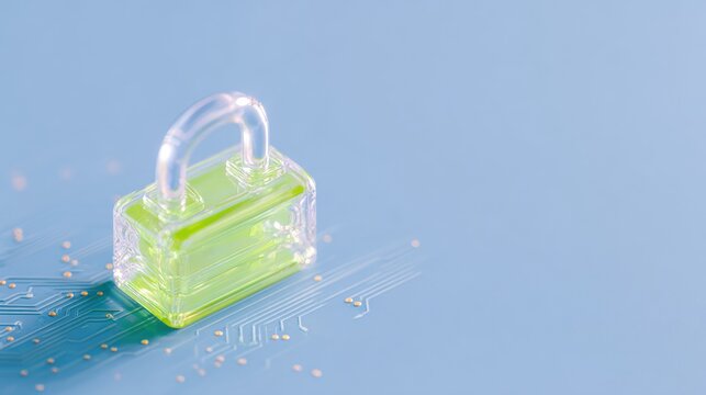 A translucent green padlock on a blue circuit board, symbolizing digital security and data protection in a tech environment.