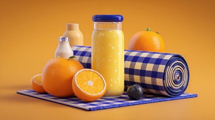 Fresh orange juice in a jar with whole and sliced oranges, a checkered cloth, and small bottles on an orange background.