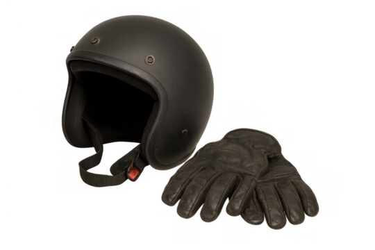 Black motorcycle helmet and leather gloves for safe motorcycle riding, biker gear for protection, transparent background