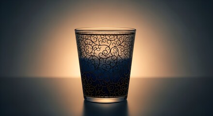A beautifully ornate glass with a delicate swirling filigree pattern, backlit by a warm, ambient glow creating a sophisticated mood