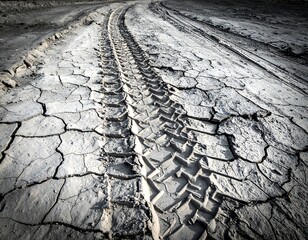Close-up monochrome of tire tracks imprinted across cracked, parched earth, creating a path through a barren landscape