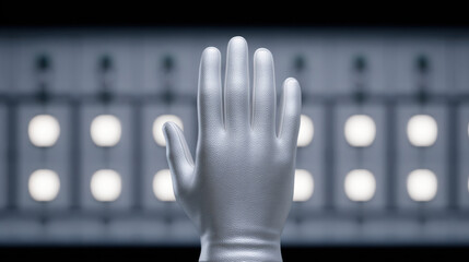 Silver glove on hand with blurred illuminated control panel background creating futuristic atmosphere
