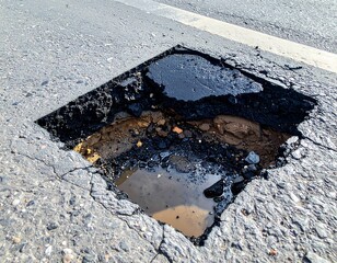 Close-up of a square-shaped pothole filled with water and exposed earth on a cracked asphalt road surface. Sunlight creates shadows