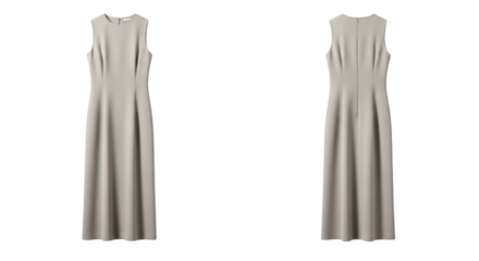 Elegant sleeveless beige long dress front and back view.