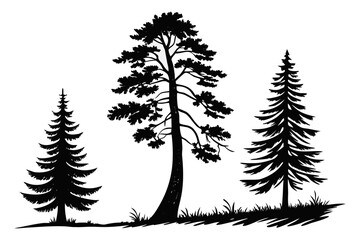 Naklejka premium Realistic Evergreen Tree Silhouette Set – Detailed Forest Landscape Illustration.