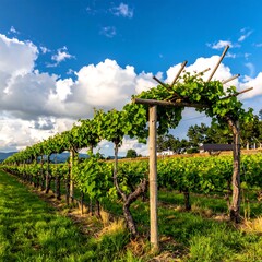 Lush rows of grapevines thriving under a partly cloudy blue sky, suggesting cultivation and agricultural beauty. A scenic shot of rural landscape