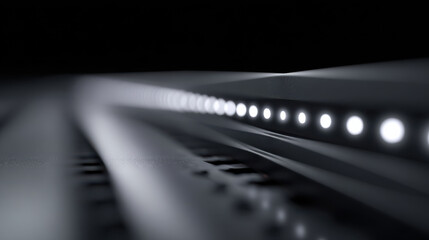 LED strip lighting illuminating sleek black server chassis with glowing white lights in dark environment