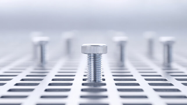 Metal fastener bolt standing on perforated metal sheet with blurred bolts in background