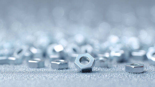 Metallic nuts and washers piled to form industrial texture with shiny silver metal and blurred background - Powered by Adobe