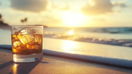 Glass of amber spirit with ice cubes resting on sunlit sand near ocean waves at sunset