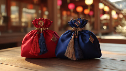 Traditional Korean Gift Bags for Sinjeong New Year's Day Gregorian Celebrations in South Korea, Showcasing Festive Red and Blue Silk Pouches with Tassels