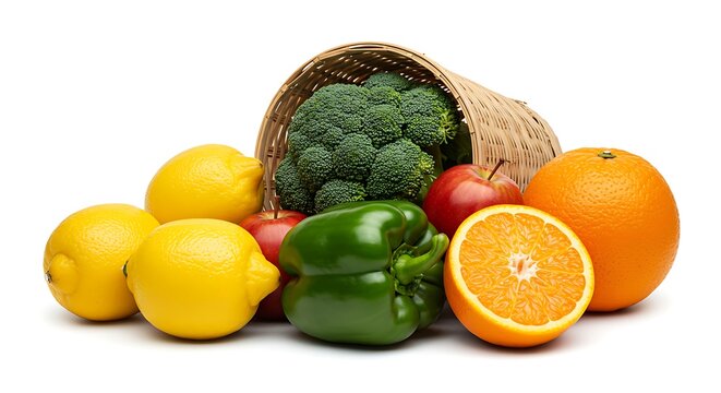 Assortment of fresh fruits and vegetables spilling from a woven basket