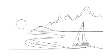 Minimalist line art sailboat on serene water with mountains and sun.