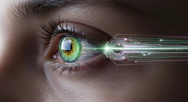 Brain communication network, Human Eye with Futuristic Technology, Digital Circuitry Implant - Powered by Adobe