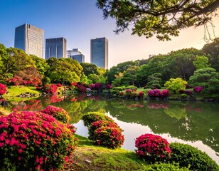 Scenic shot with a pond, vibrant flowers, lush trees, and skyscrapers in the distance under a blue sky
