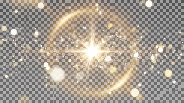 Abstract gold light effect with lens flare and particles on transparent background