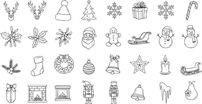 Hand-drawn Christmas Holiday Icons and Doodles Collection in Black Outline Sketch Style, Festive Vector Elements Set