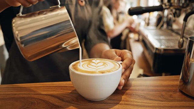 Barista pours milk to make coffee art.