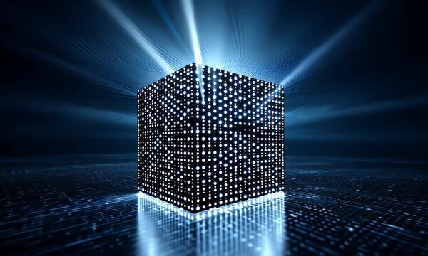 Abstract glowing cube emitting bright blue light beams from its top surface onto a dark reflective digital surface with intricate patterns and glowing lines