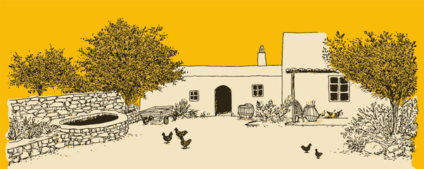 A house with a well and a chicken coop. The house is surrounded by trees and bushes