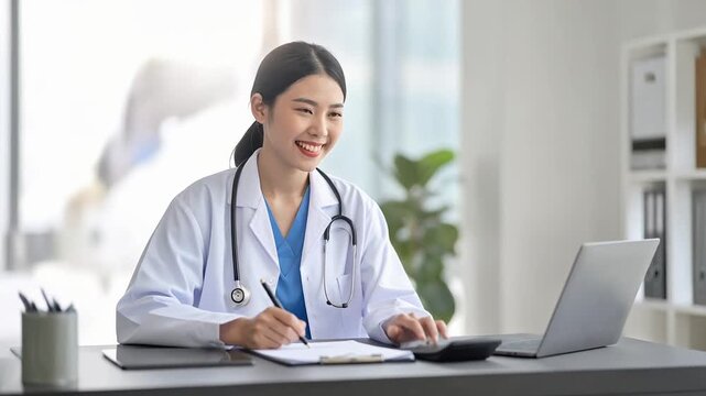 女性医者が自然光の差し込むデスクで健康保険関連の書類を確認しながら記録を丁寧にまとめる姿
