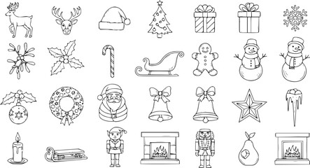 Hand Drawn Christmas and New Year Holiday Elements Set. Festive Winter Season Doodle Icons Collection. Black and White Line Art Illustrations for Xmas Decoration and Design.