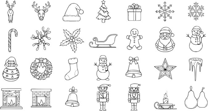 Christmas Holiday Icons Set - Hand Drawn Doodle Line Art Vector Collection of Traditional Xmas Symbols like Santa, Reindeer, Tree, Snowman, Gift, Sleigh, Candy Cane, Bell, Star