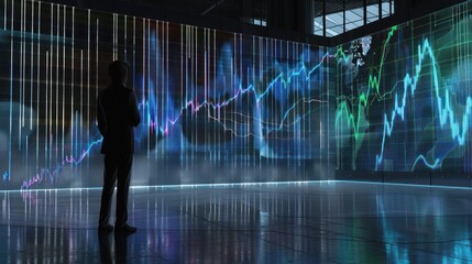 Businessman Analyzing Digital Stock Market Data on Large Interactive Screen in Modern Office