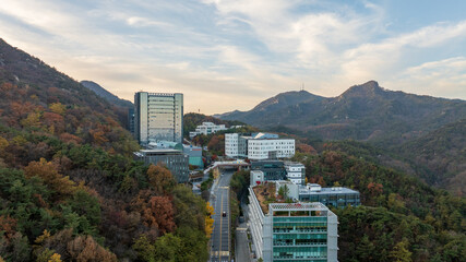 “Autumn Morning Aerial View of Seoul National University Campus with Gwanak Mountain