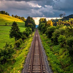 View along a railroad track that recedes into the distance framed by trees and lush green fields, under a dramatic, cloudy sky