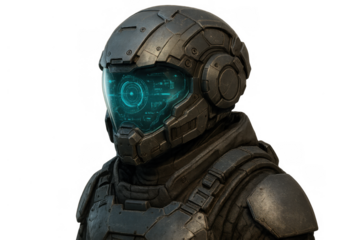 Cyborg soldier wearing futuristic helmet with glowing hud display, advanced combat suit and cybernetic technology, on transparent background