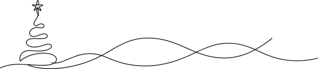 Minimalist continuous line Christmas tree with star, elegant festive holiday decoration background vector, simple modern winter season art design illustration