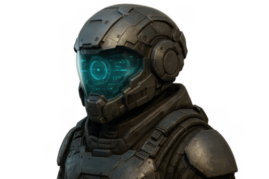 Cyborg soldier wearing futuristic helmet with glowing hud display, advanced combat suit and cybernetic technology, on transparent background