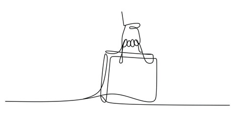 Continuous line art drawing of a hand holding a shopping bag