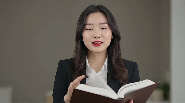 Professional Asian woman holding a book, explaining and presenting information to an audience