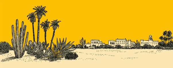 A yellow background with a desert scene and a city in the distance. The desert scene is full of cacti and palm trees © annetdebar