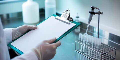 Gloved hands holding clipboard near test tubes laboratory