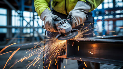 Grinding metal sparks flying construction worker