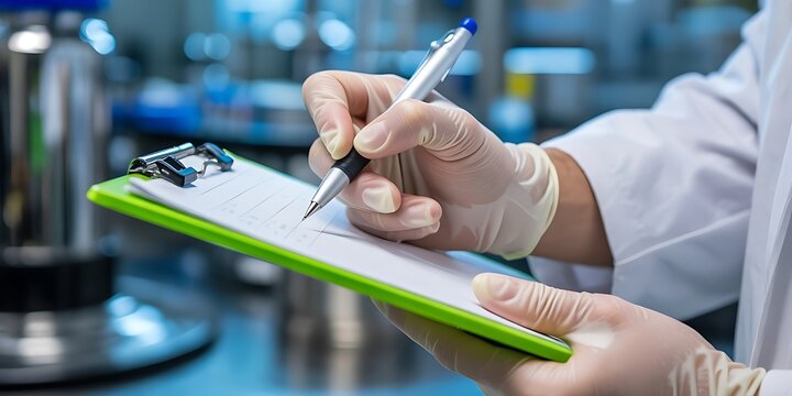 Gloved hands writing on clipboard laboratory research