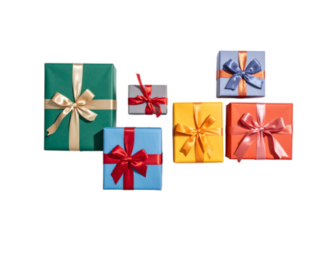 Various colorful gift boxes wrapped with ribbons, including green, yellow, blue, and red on white background