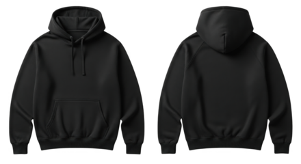 Front and back view of a plain black hoodie on a white background.