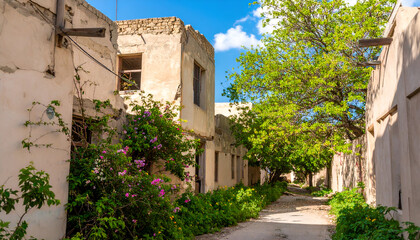 Abandoned Buildings and Overgrown Alleyway in a Historic Town.