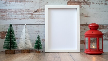 Festive holiday scene with a blank white picture frame, decorative miniature Christmas trees, and a lit red lantern, perfect for seasonal designs and greetings