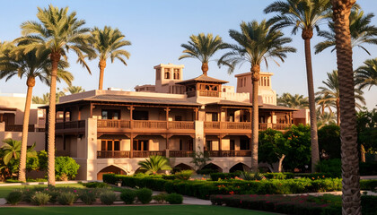 Luxurious Arabian Style Hotel Building Surrounded by Palm Trees and Lush Gardens.
